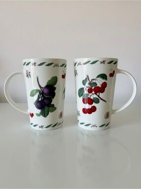 Kent Pottery Fine Bone Coffee Tea Mugs Plum Cherry Cherries Fruit Pair Cottage